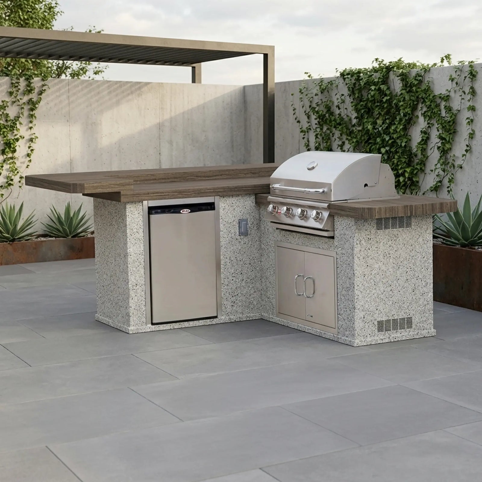 Bull Jr. Gourmet Q 8 Ft L-Shaped BBQ Island - Sterlina Henna tile, Stucco Champagne Gray