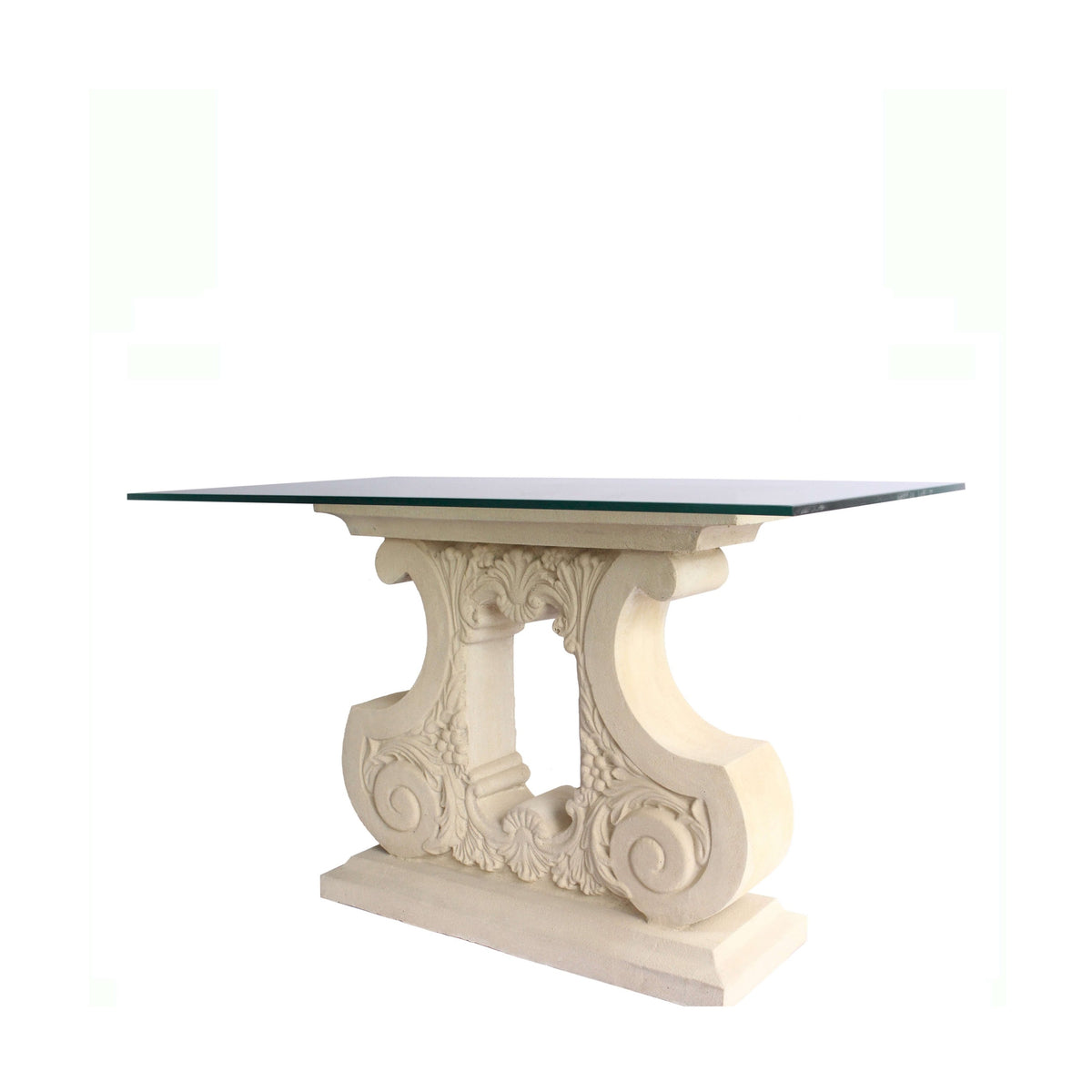 Decorative table with intricate carvings on a white background