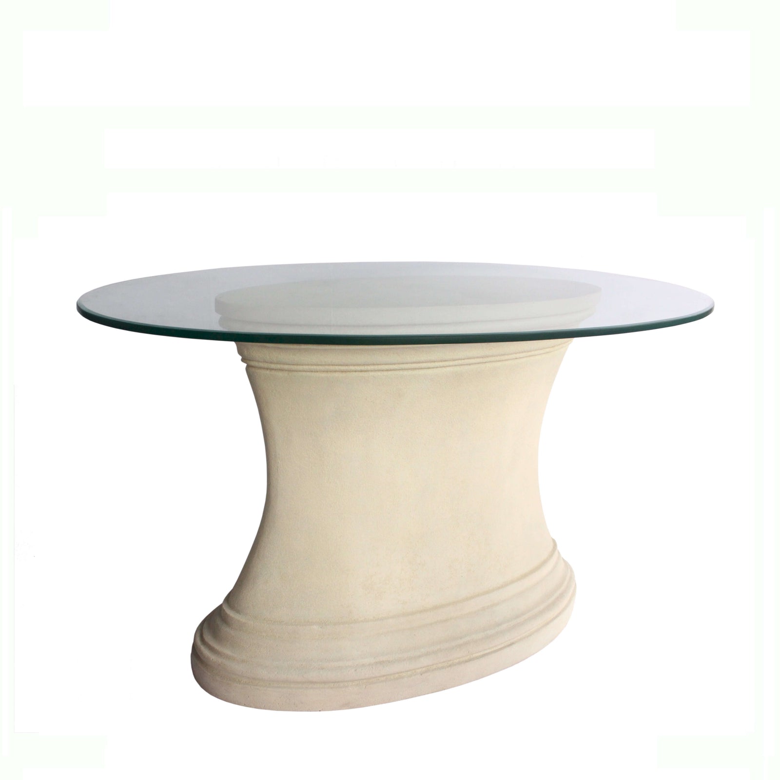 Round glass top table with a beige or light brown base on a white background