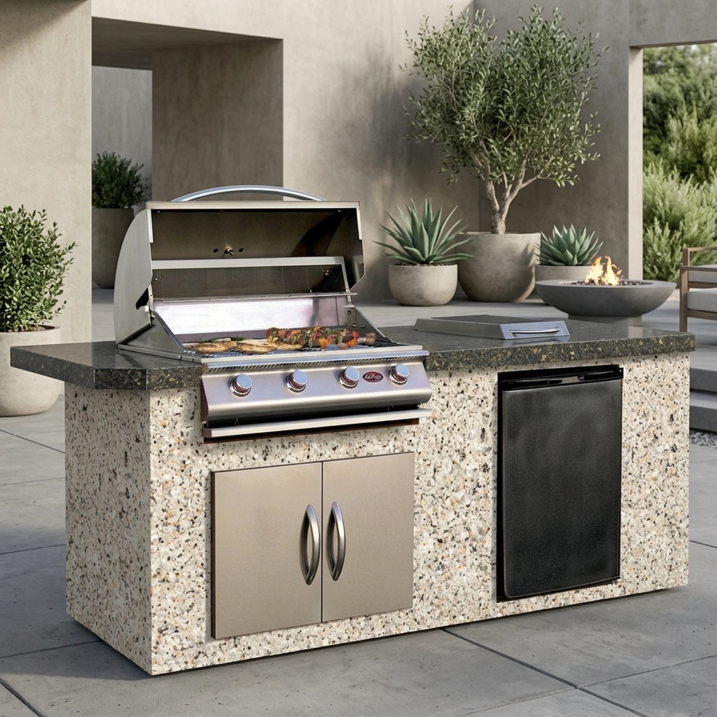 Cal Flame 7 foot BBQ Grill Island with 4-Burner Gas Grill, Rotisserie Kit, Fridge, Side Burner // BetterPatio.com