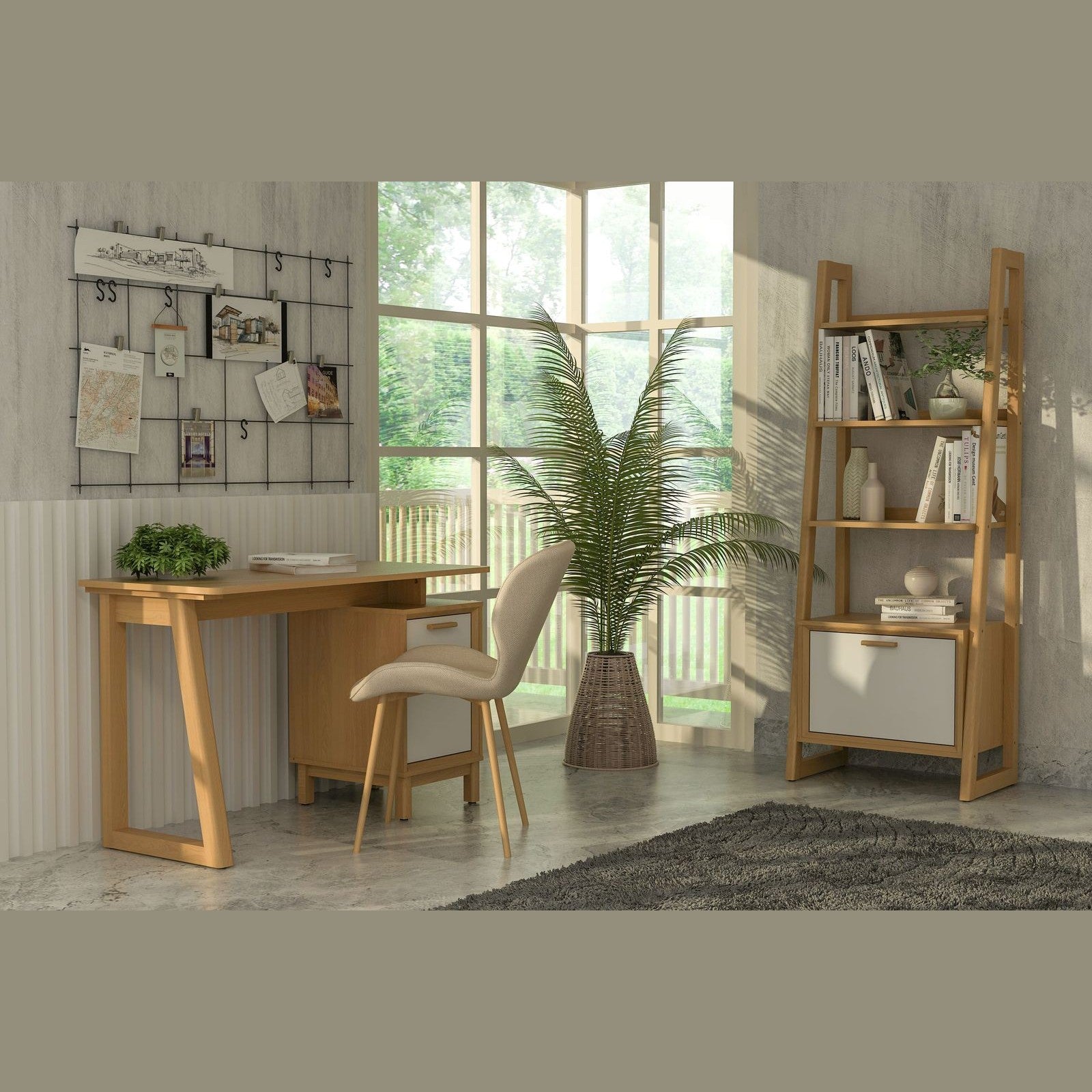 Home office with wooden desk, chair, and bookshelf in a room with large windows.