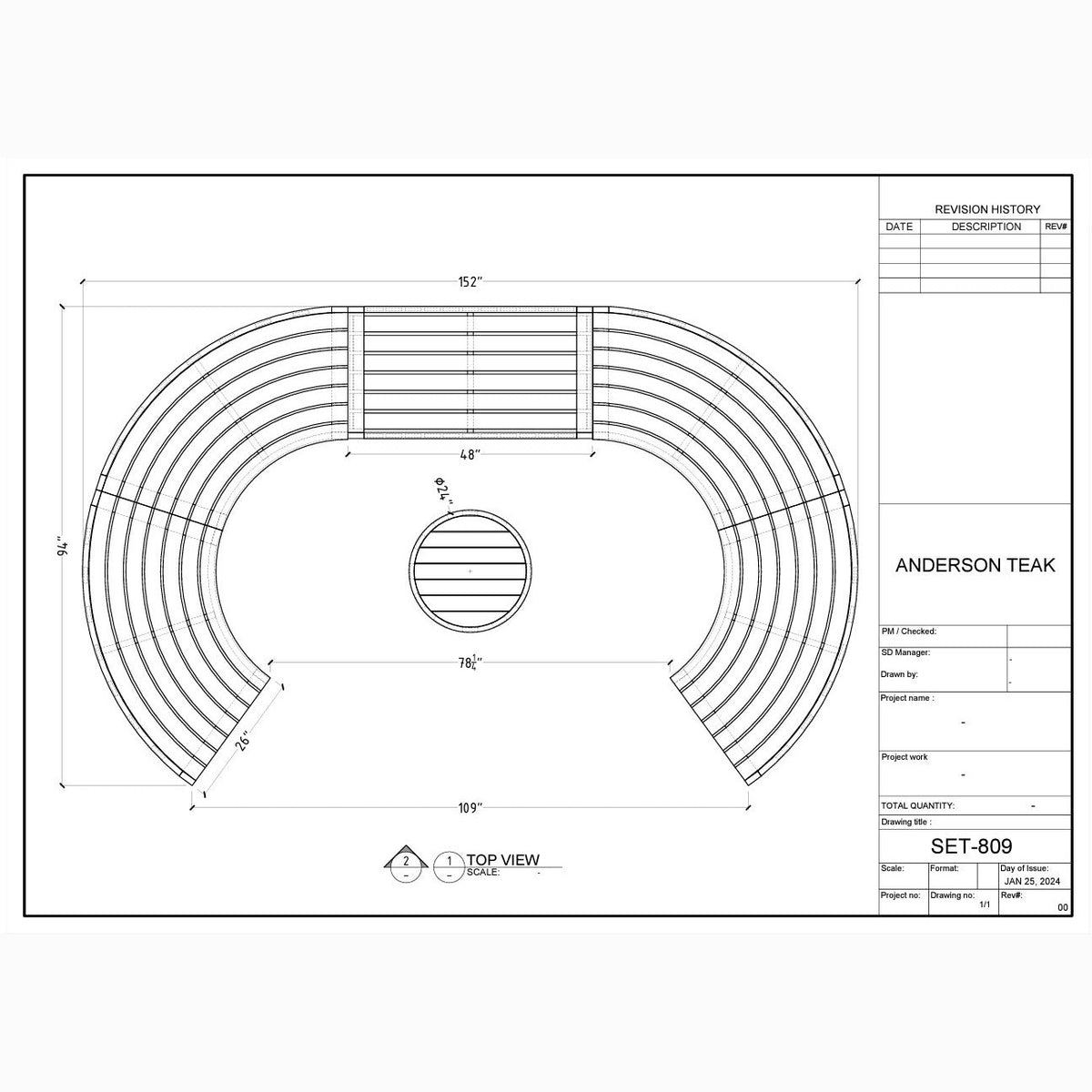 Technical drawing of a circular outdoor seating area with dimensions and labels.