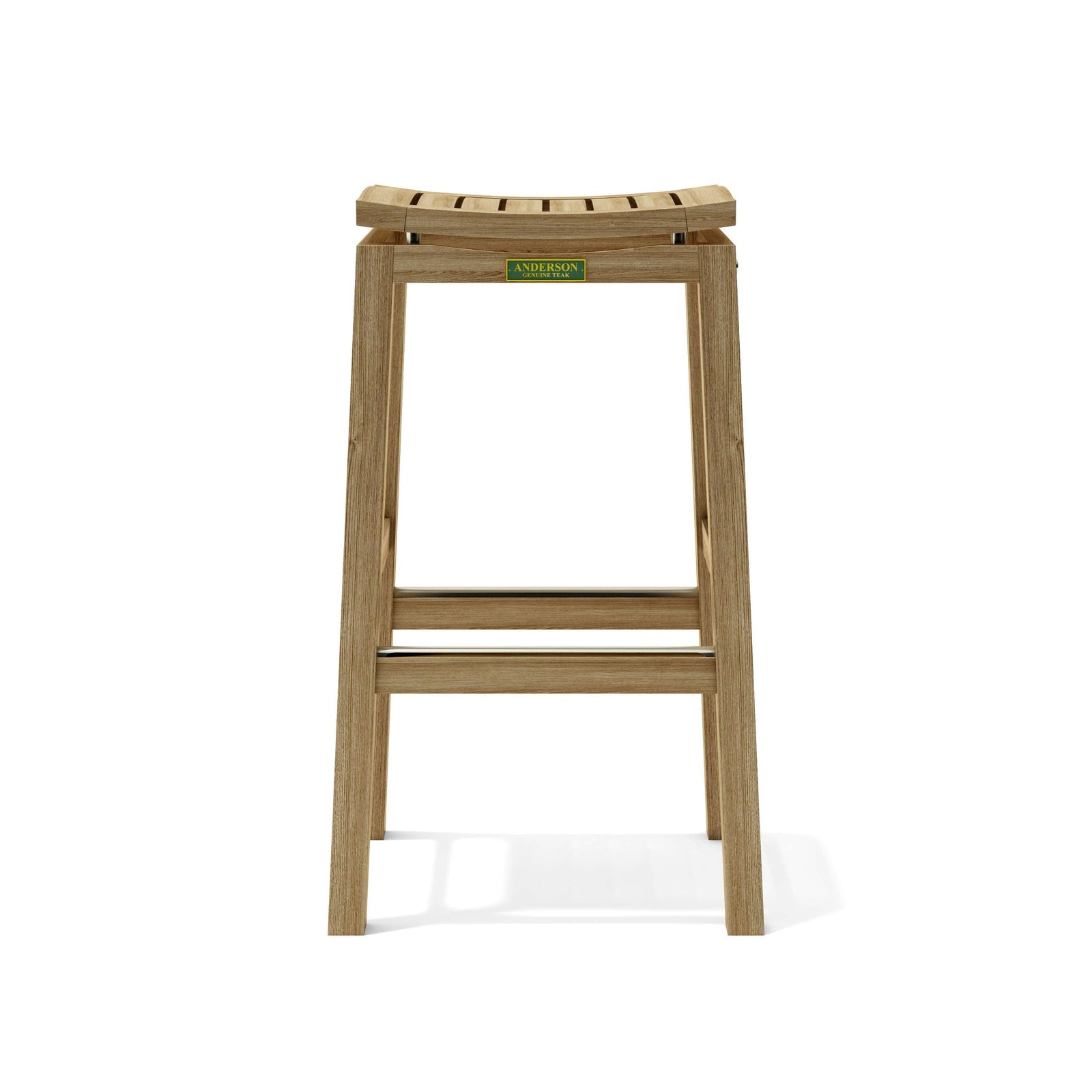 Wooden bar stool with a brand label on a white background