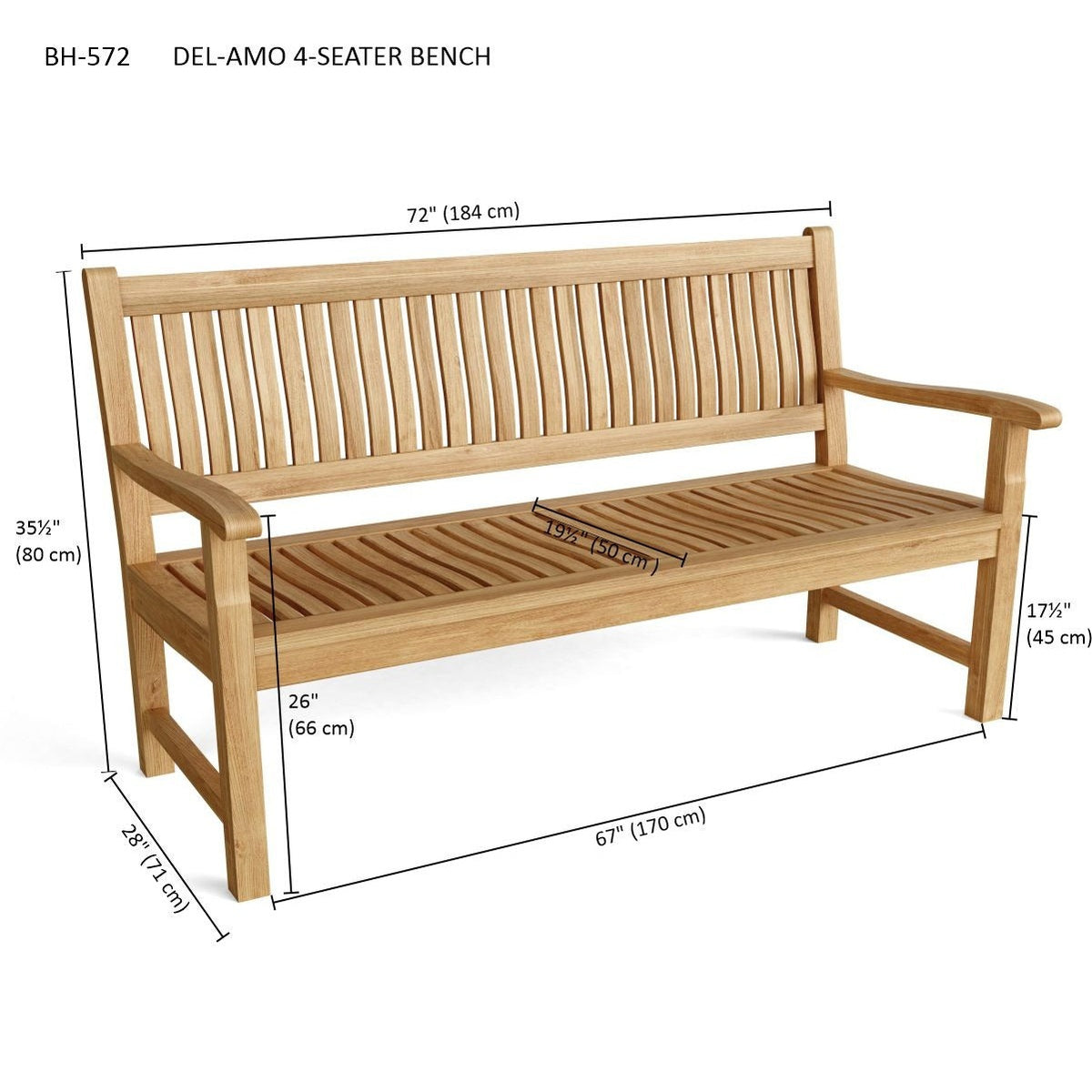 Wooden bench with dimensions labeled on a white background