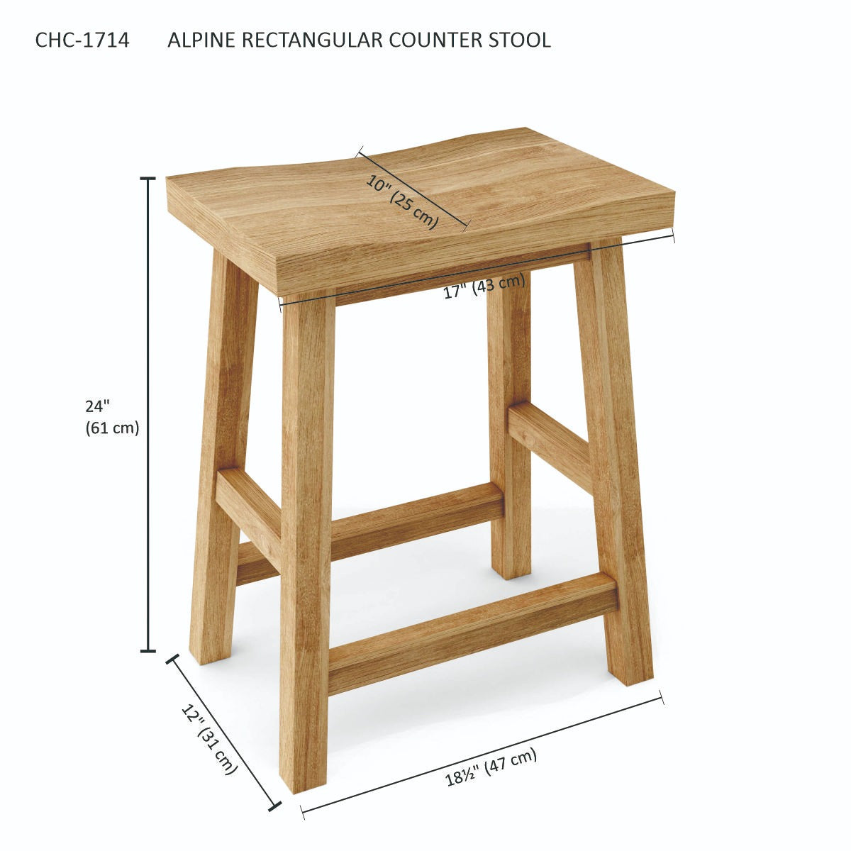 Wooden rectangular counter stool with dimensions on a white background
