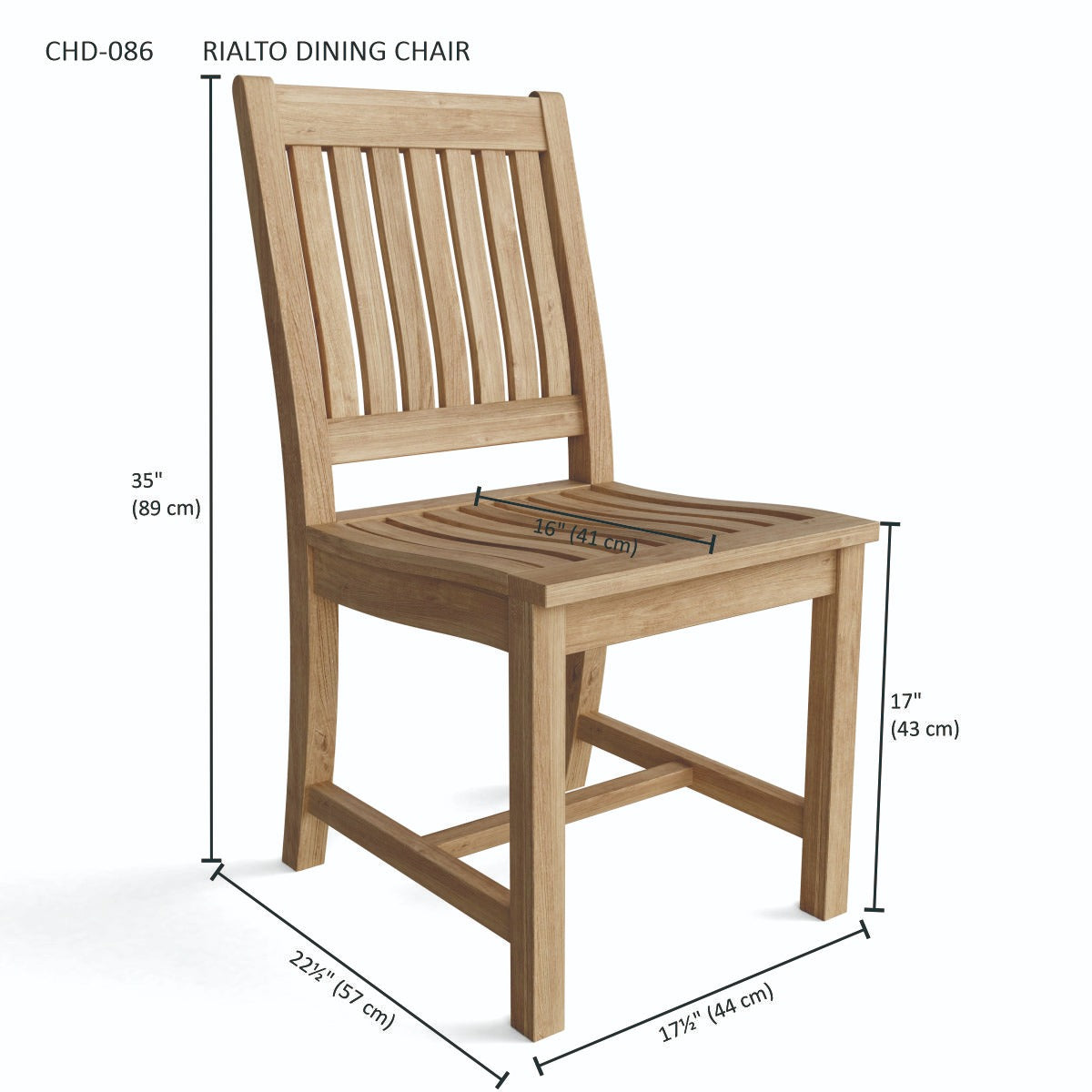 Wooden dining chair with dimensions labeled on a white background
