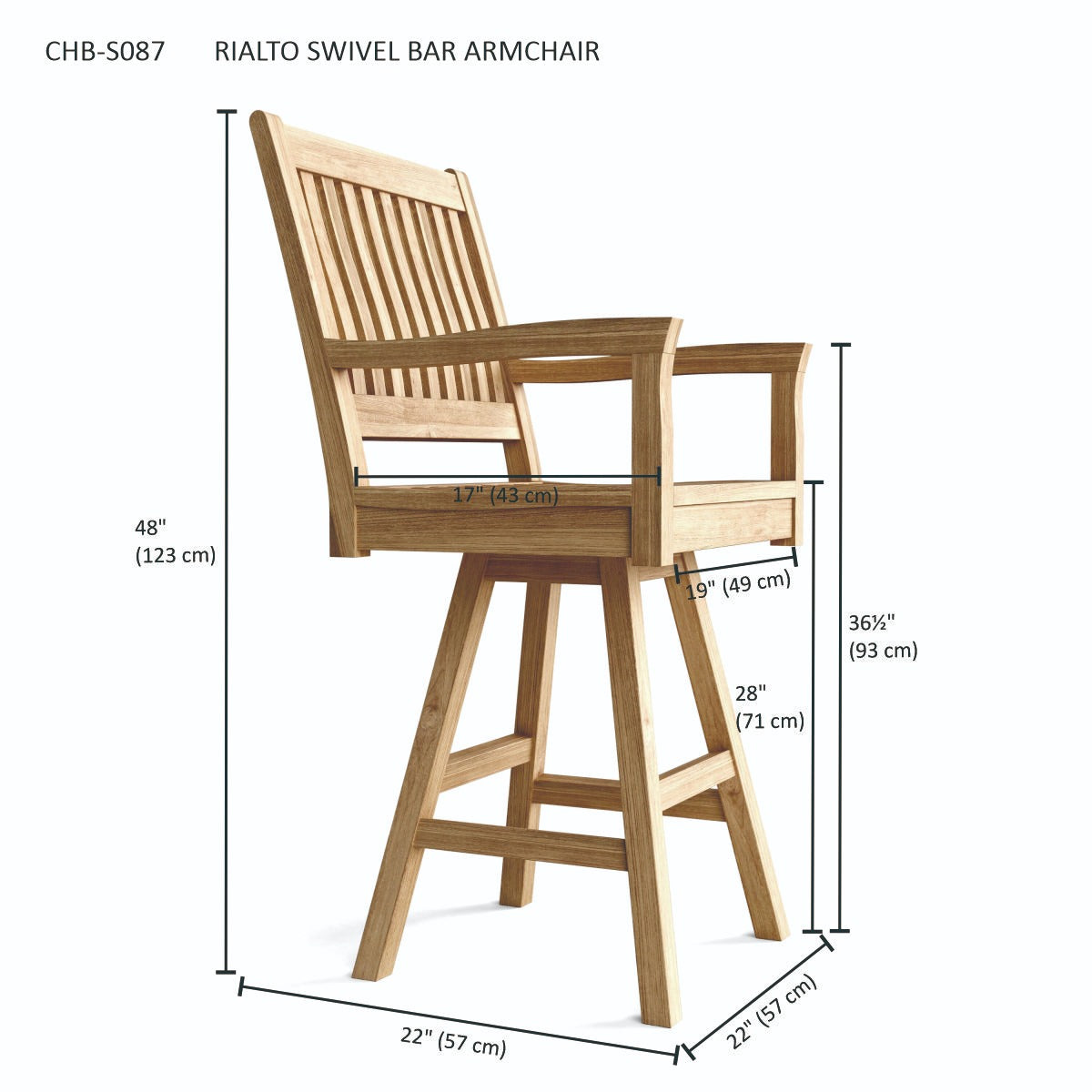 Wooden swivel bar armchair with dimensions on a white background