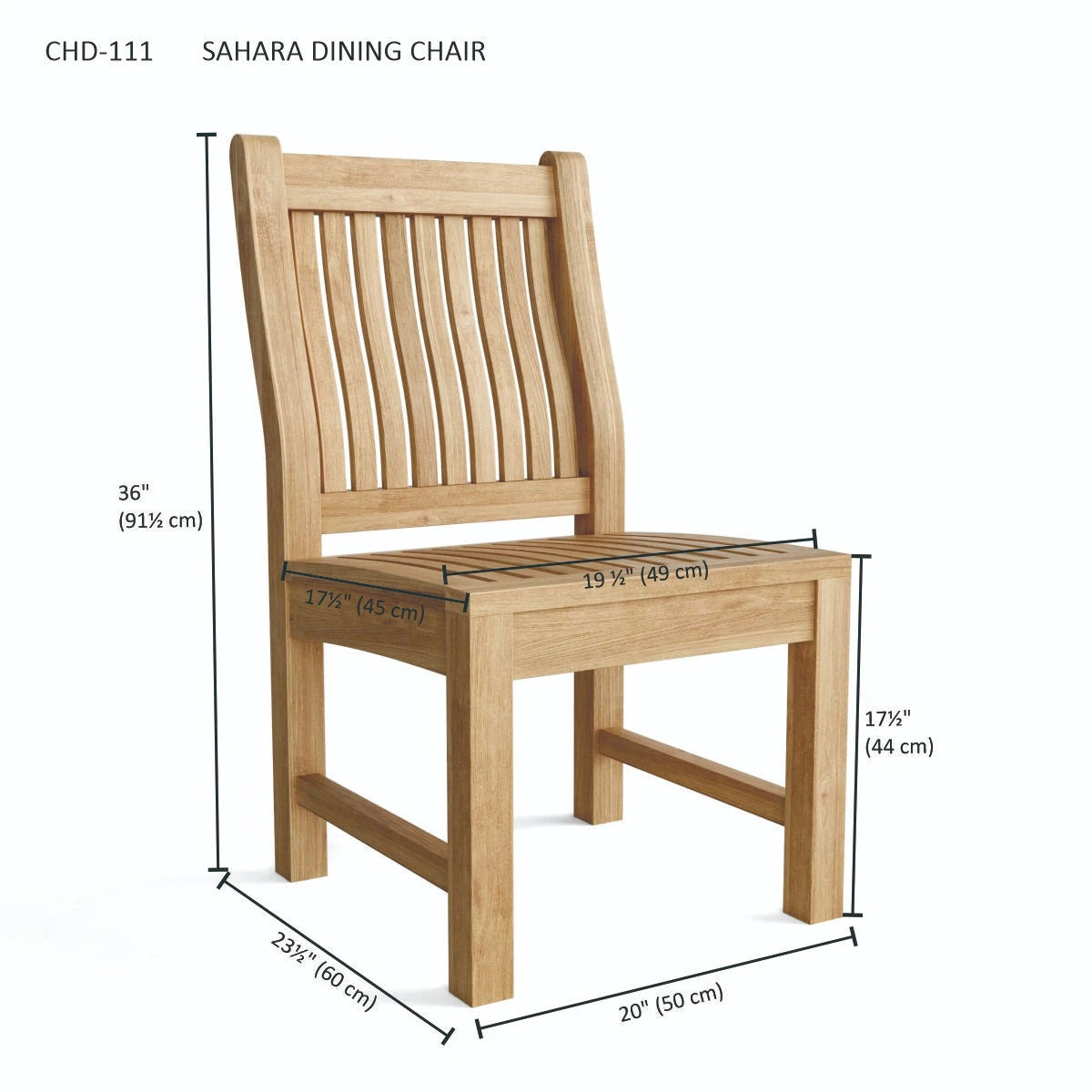 Wooden Sahara dining chair with dimensions on a white background