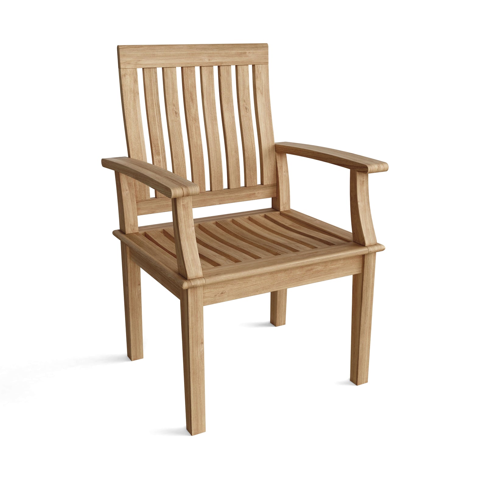Wooden chair with slatted back and seat on a white background