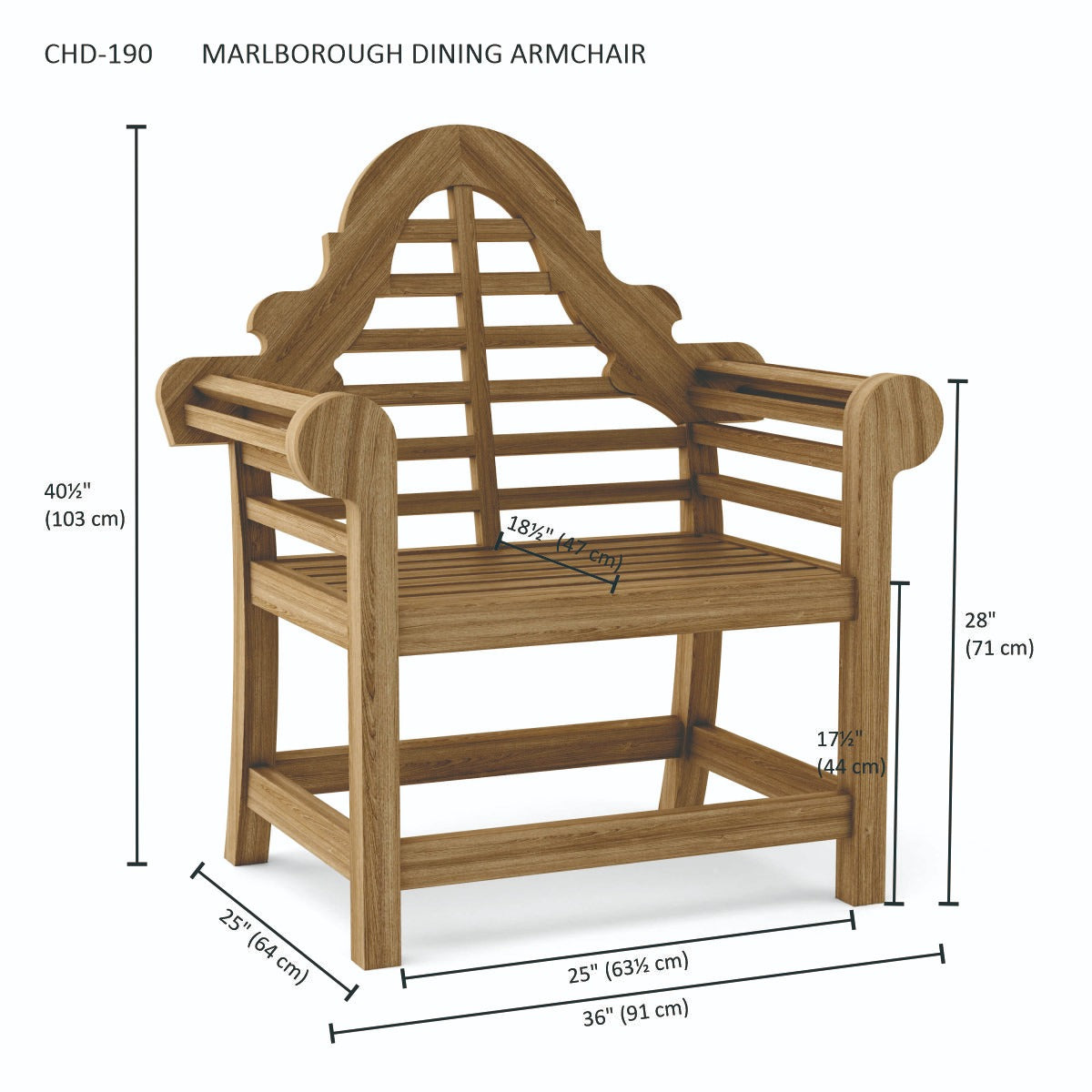 Wooden Marlborough Dining Armchair with dimensions on a white background