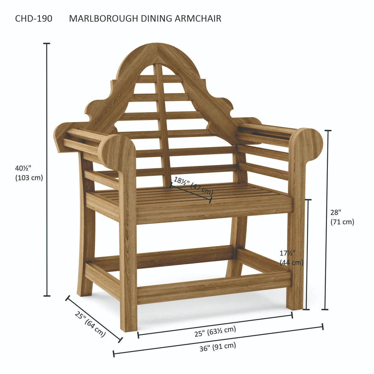 Wooden Marlborough Dining Armchair with dimensions on a white background