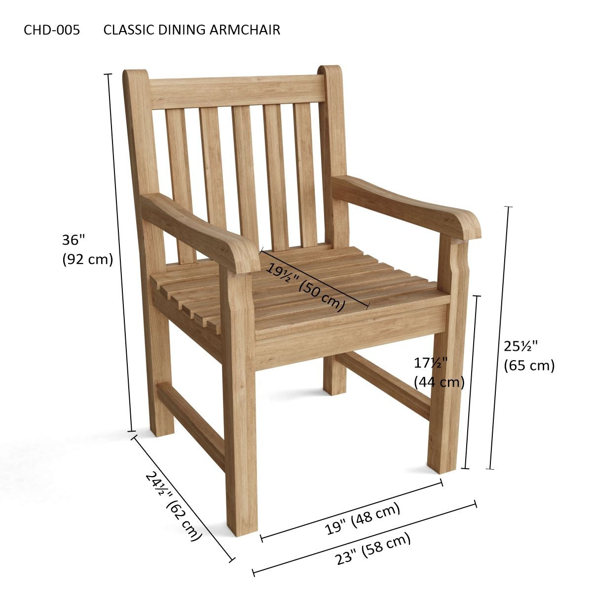 Wooden dining armchair with dimensions labeled on a white background