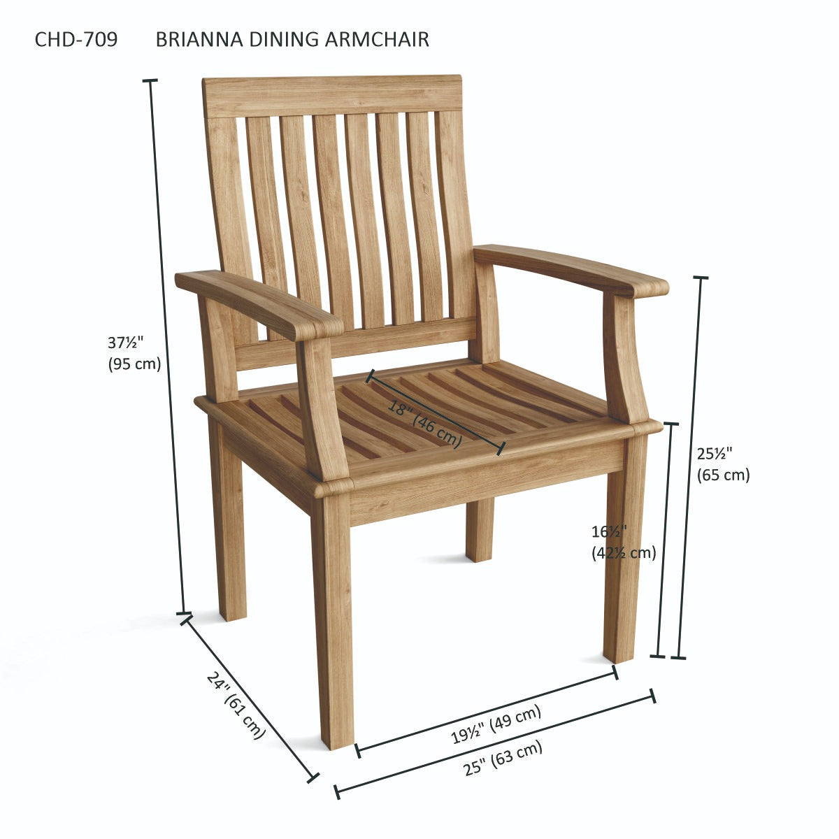 Wooden dining armchair with dimensions labeled on a white background
