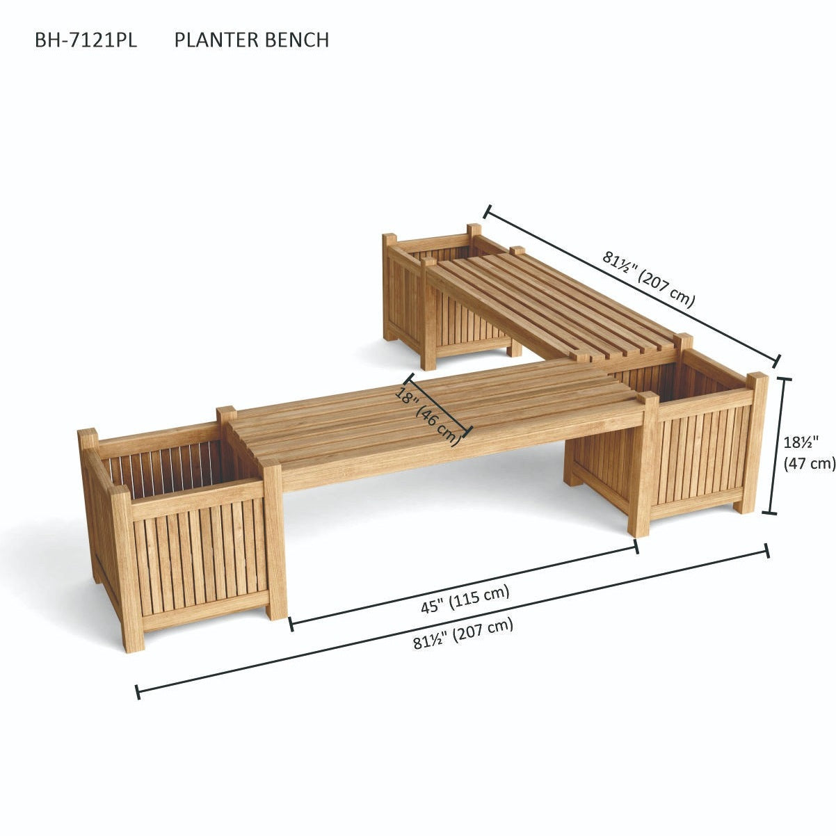 Wooden planter bench with dimensions on a white background