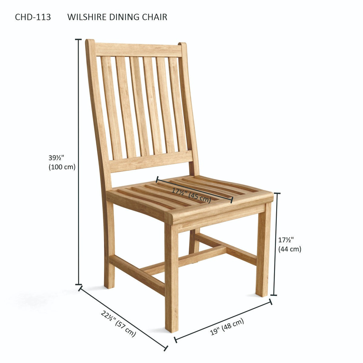 Wooden dining chair with dimensions labeled on a white background