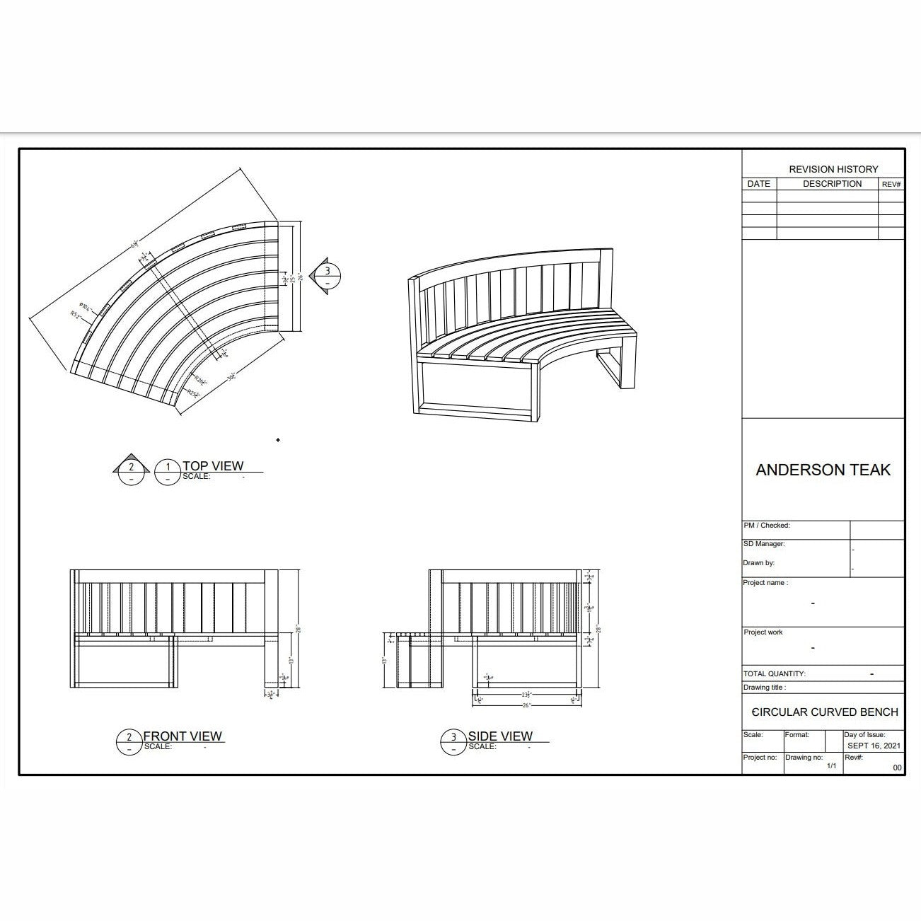 Technical drawing of a circular curved bench with views from top, front, and side.