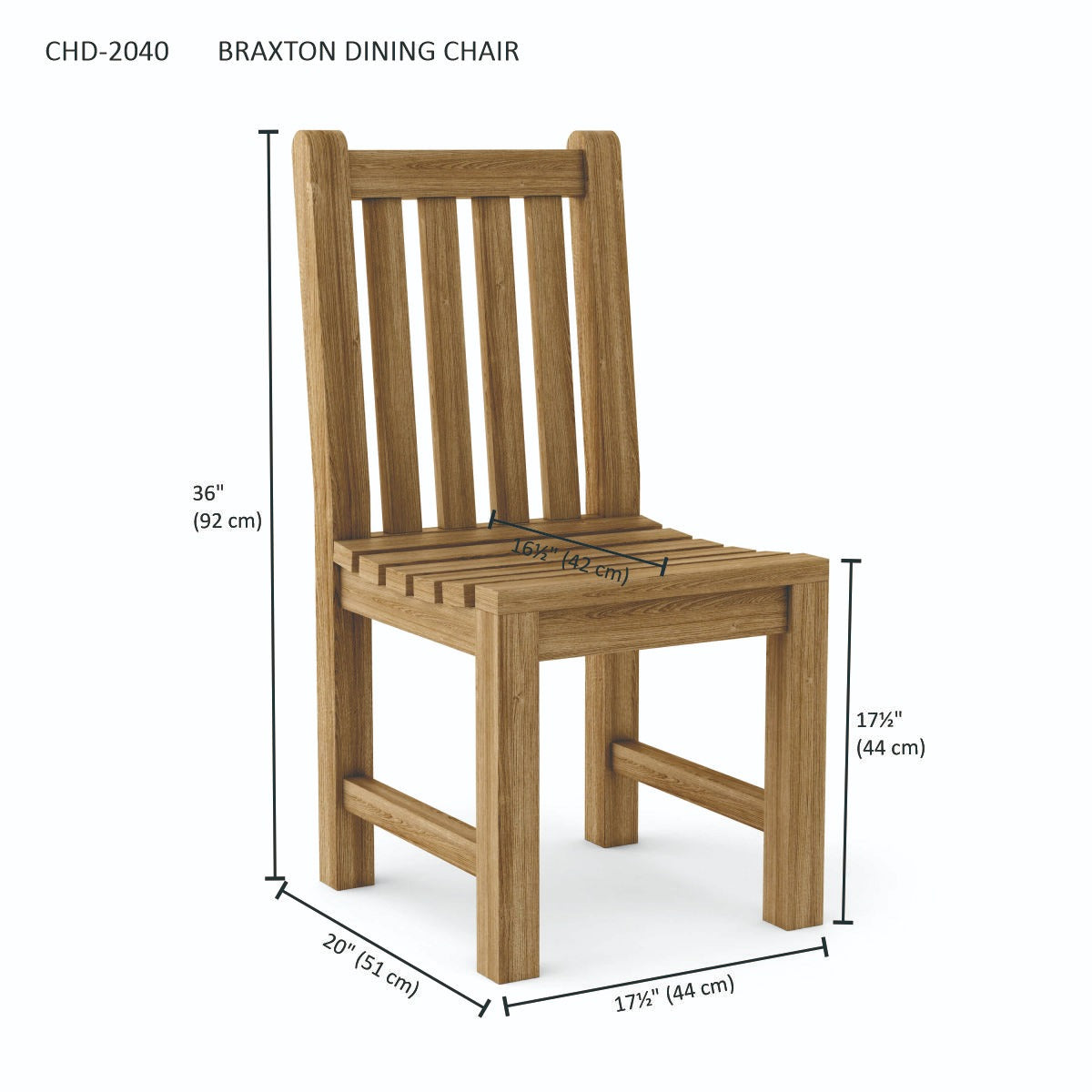 Wooden dining chair with dimensions labeled on a white background