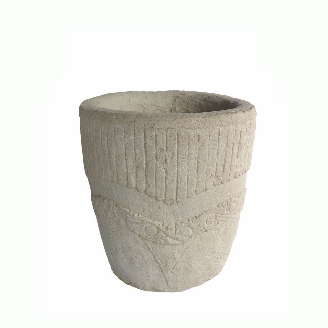 Decorative stone planter with textured surface on a white background