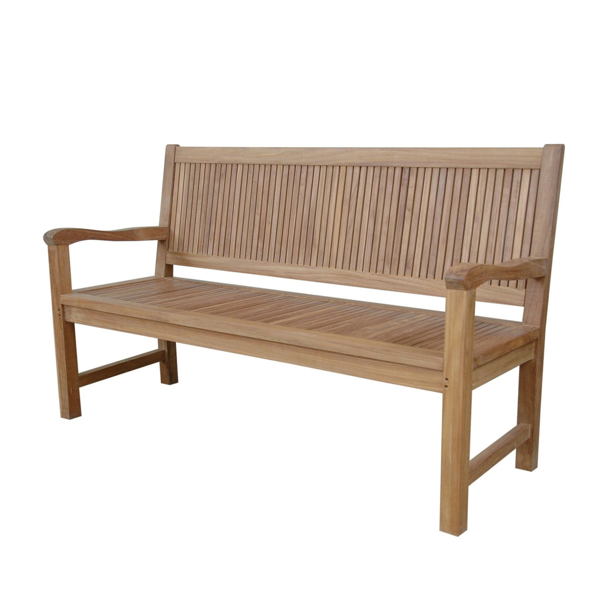 Wooden bench with slatted backrest on a white background