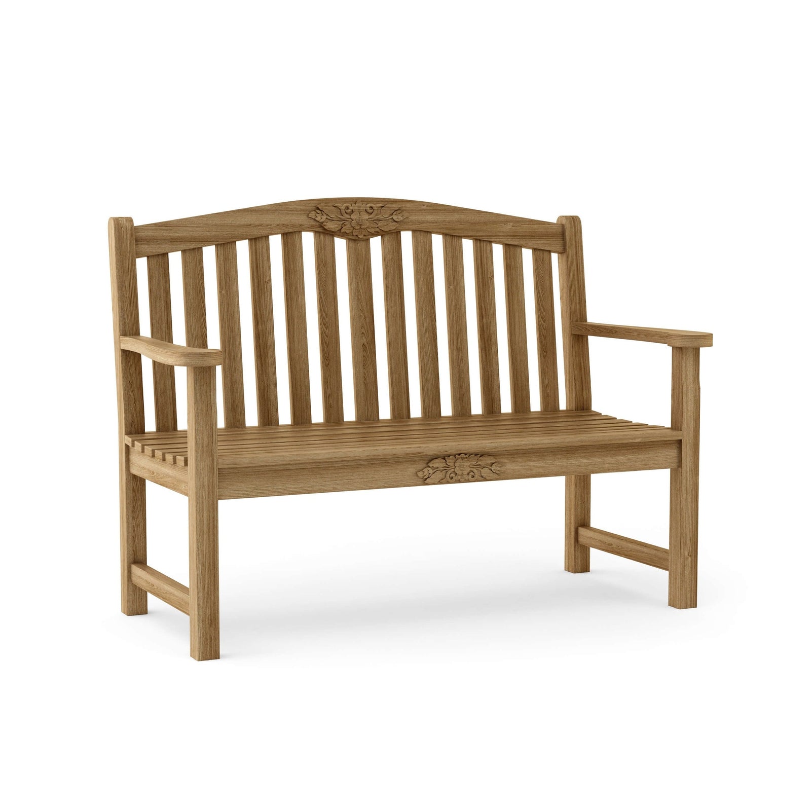 Wooden bench with decorative carvings on a white background