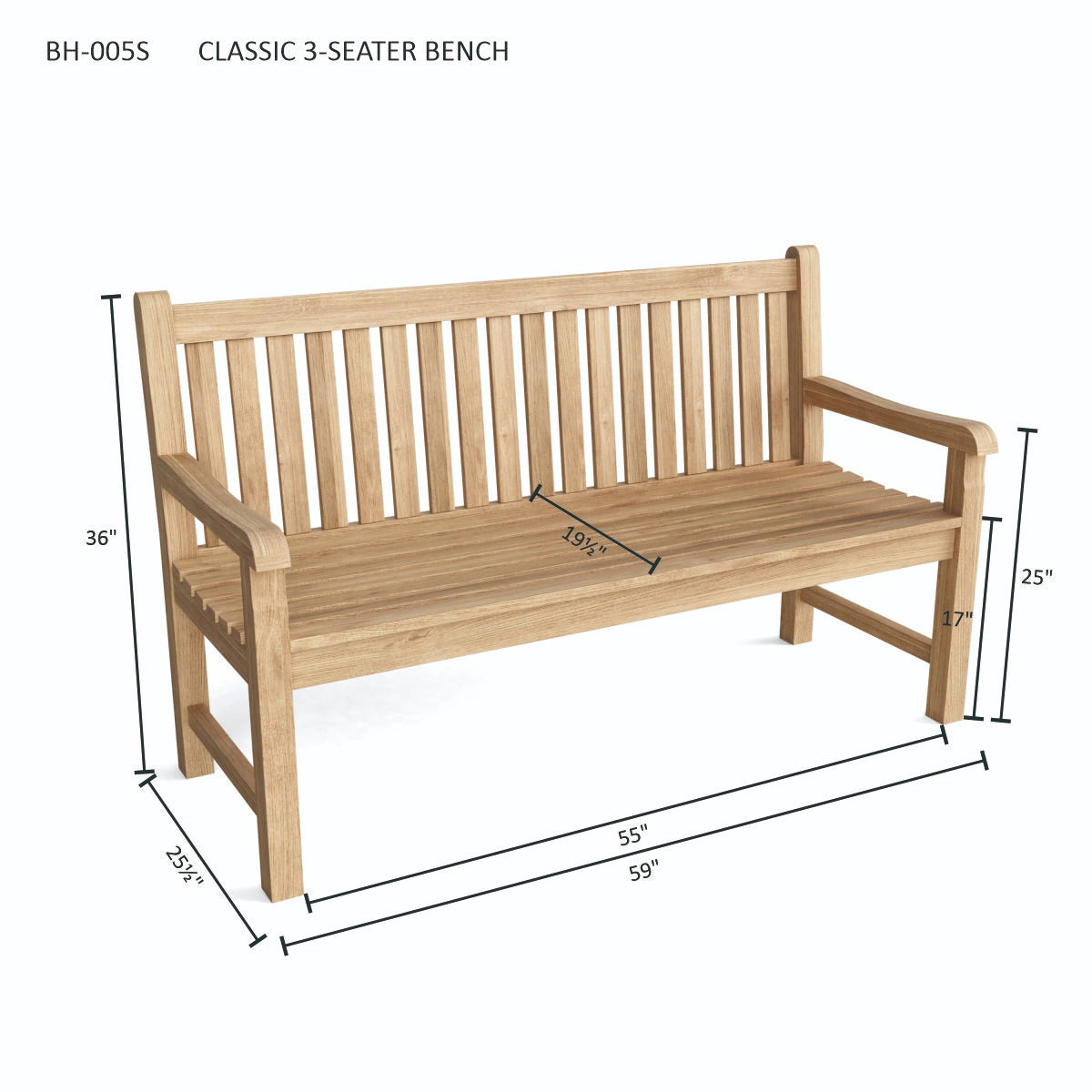 Wooden bench with dimensions labeled on a white background
