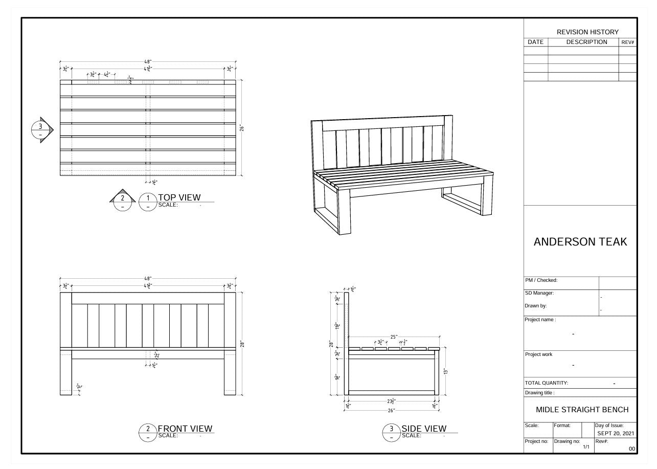 Technical drawing of a bench with dimensions and views labeled