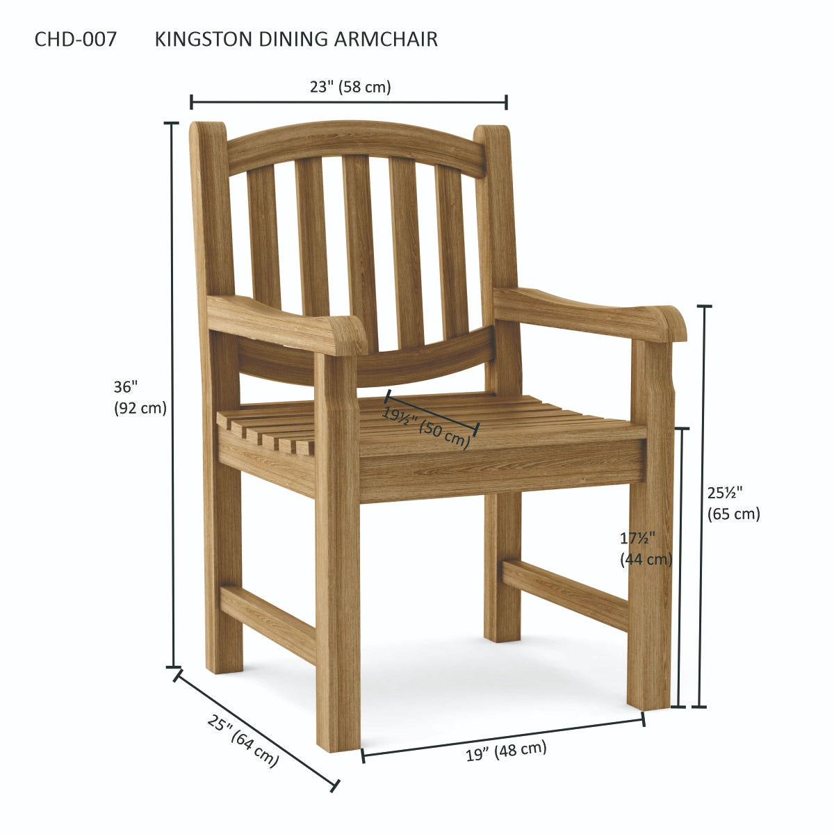 Wooden dining armchair with dimensions on a white background