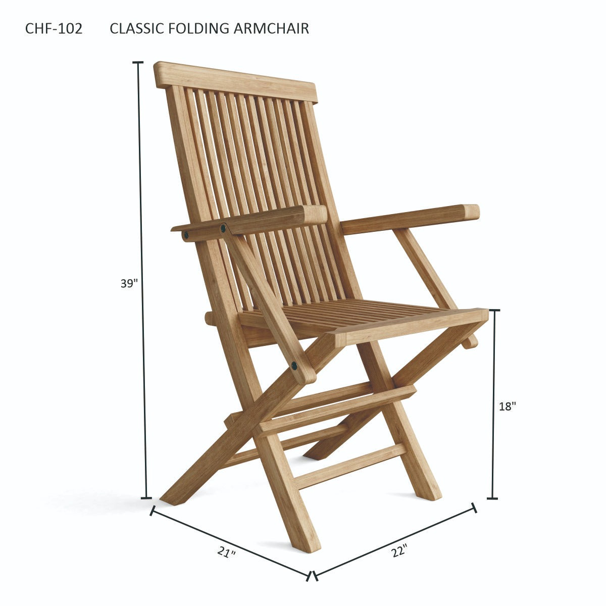 Wooden folding armchair with dimensions on a white background