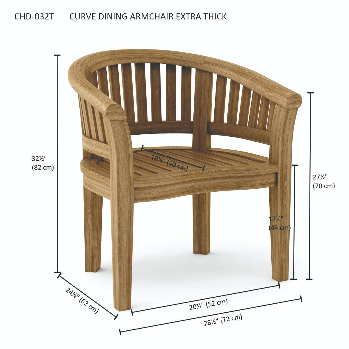 Wooden dining armchair with dimensions labeled on a white background