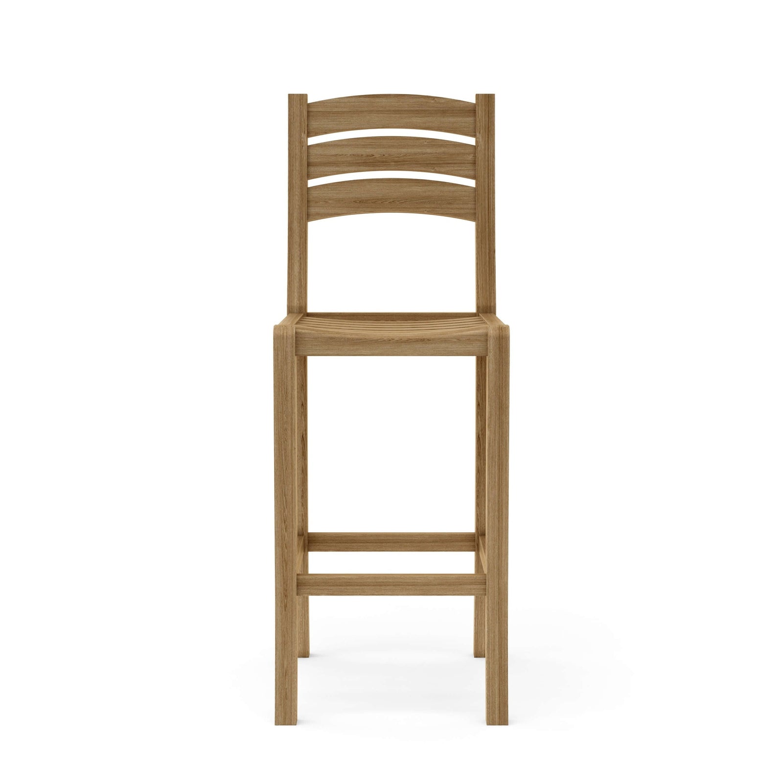 Wooden bar stool with slatted backrest on a white background