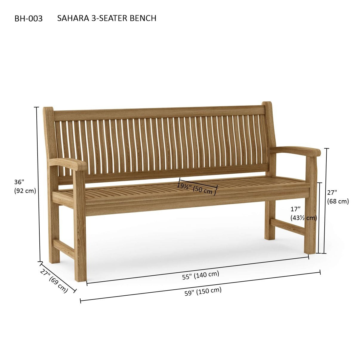 Wooden bench labeled 'Sahara 3-Seater Bench' with dimensions on a white background
