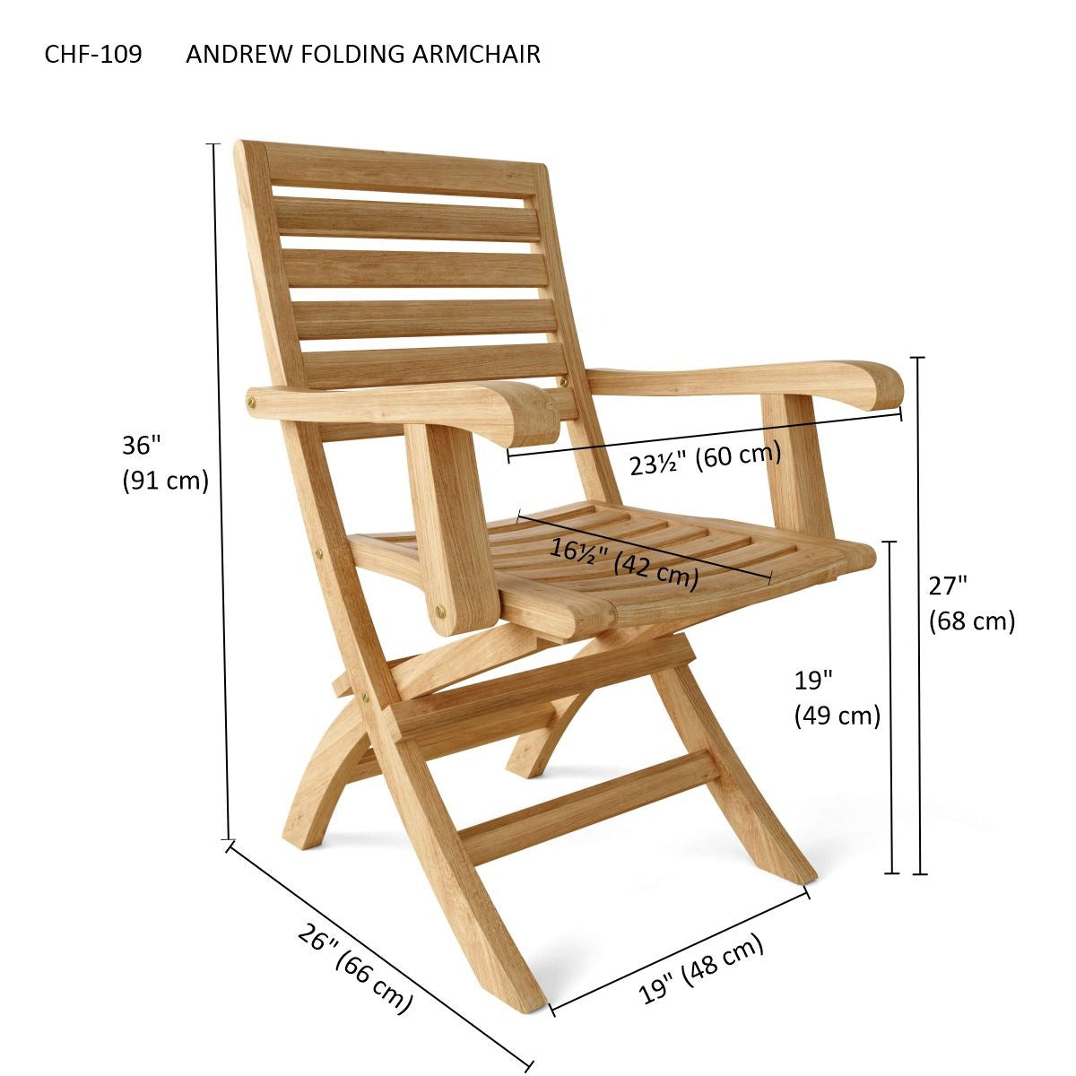 Wooden folding armchair with dimensions labeled on a white background