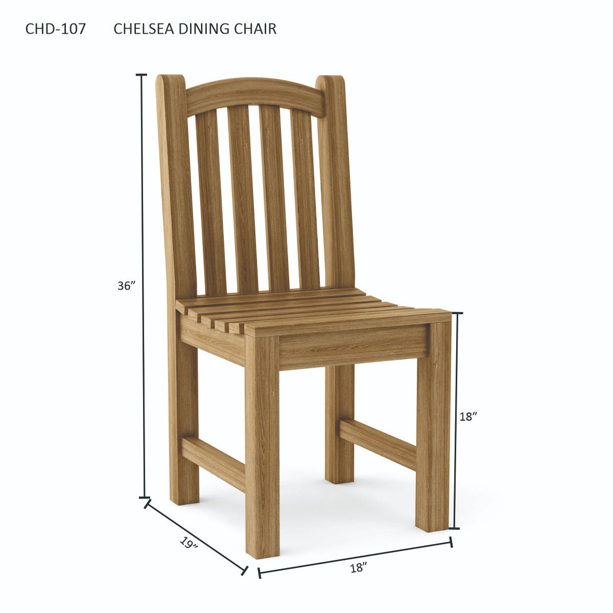 Wooden dining chair with dimensions on a white background