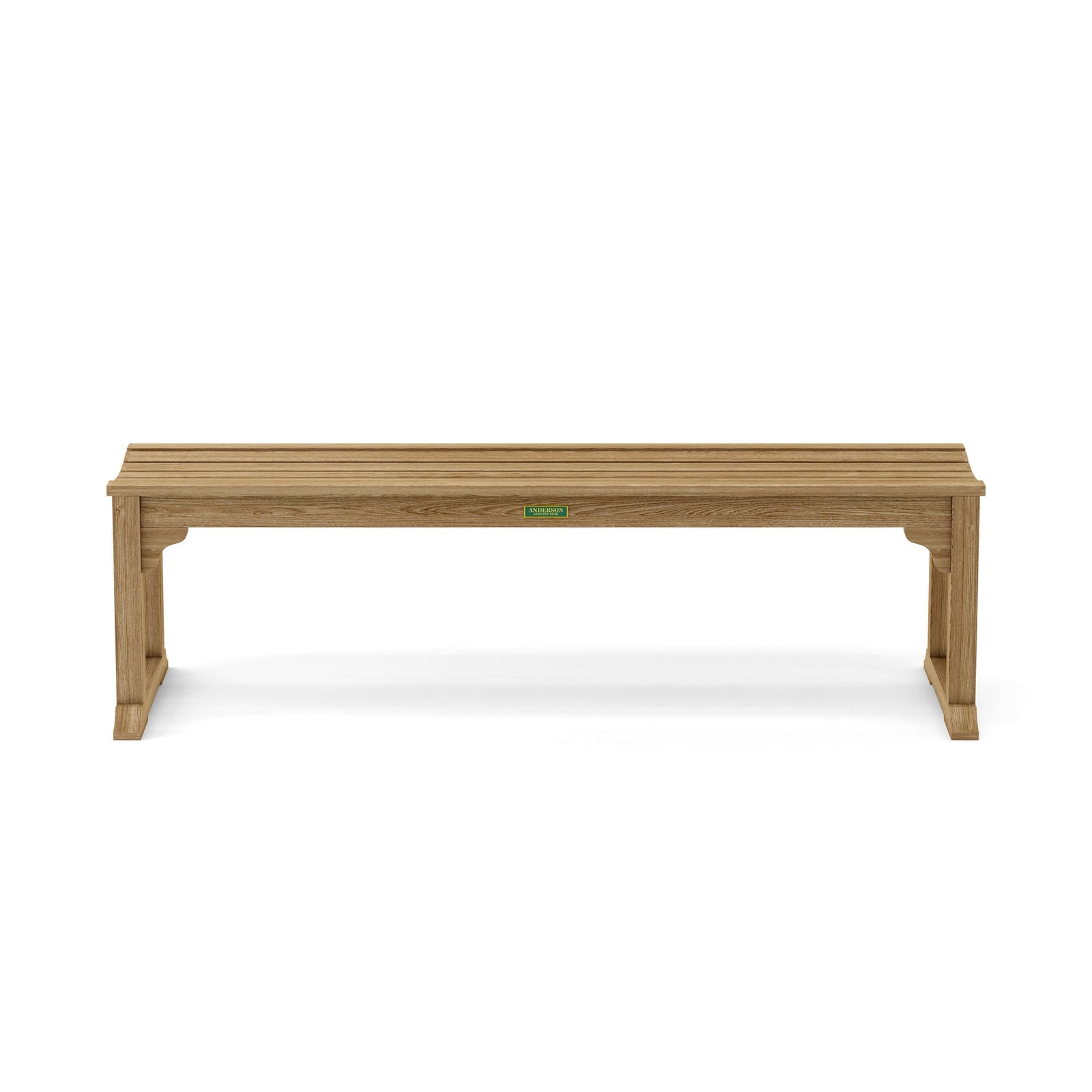 Wooden bench with a green label on a white background