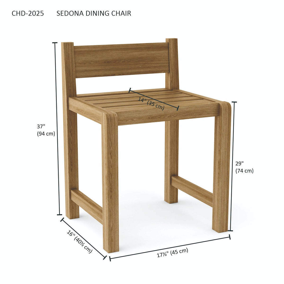 Wooden dining chair with dimensions labeled on a white background