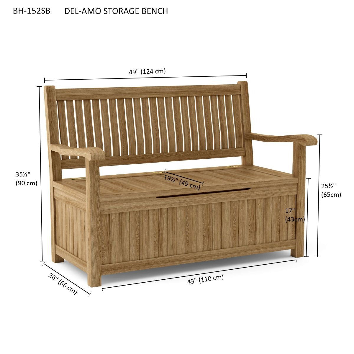 Wooden storage bench with dimensions labeled on a white background