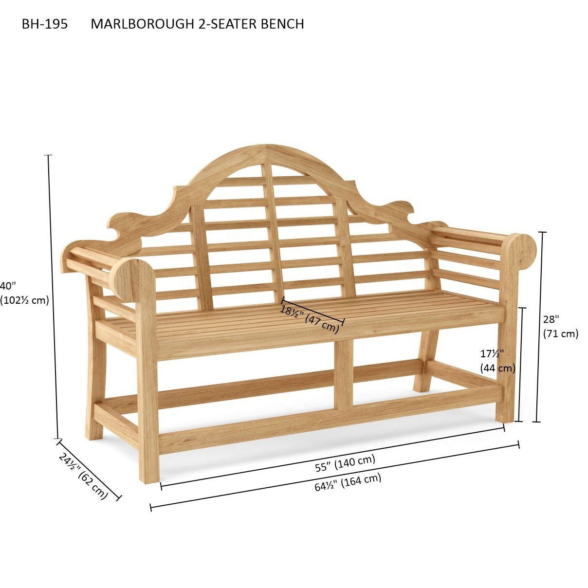 Wooden bench with dimensions labeled on a white background