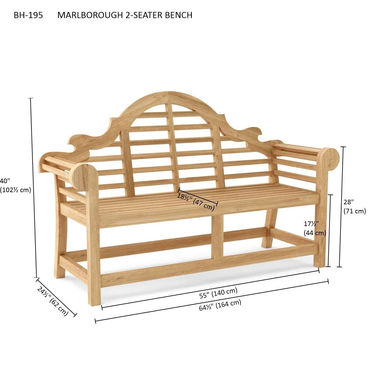 Wooden bench with dimensions labeled on a white background