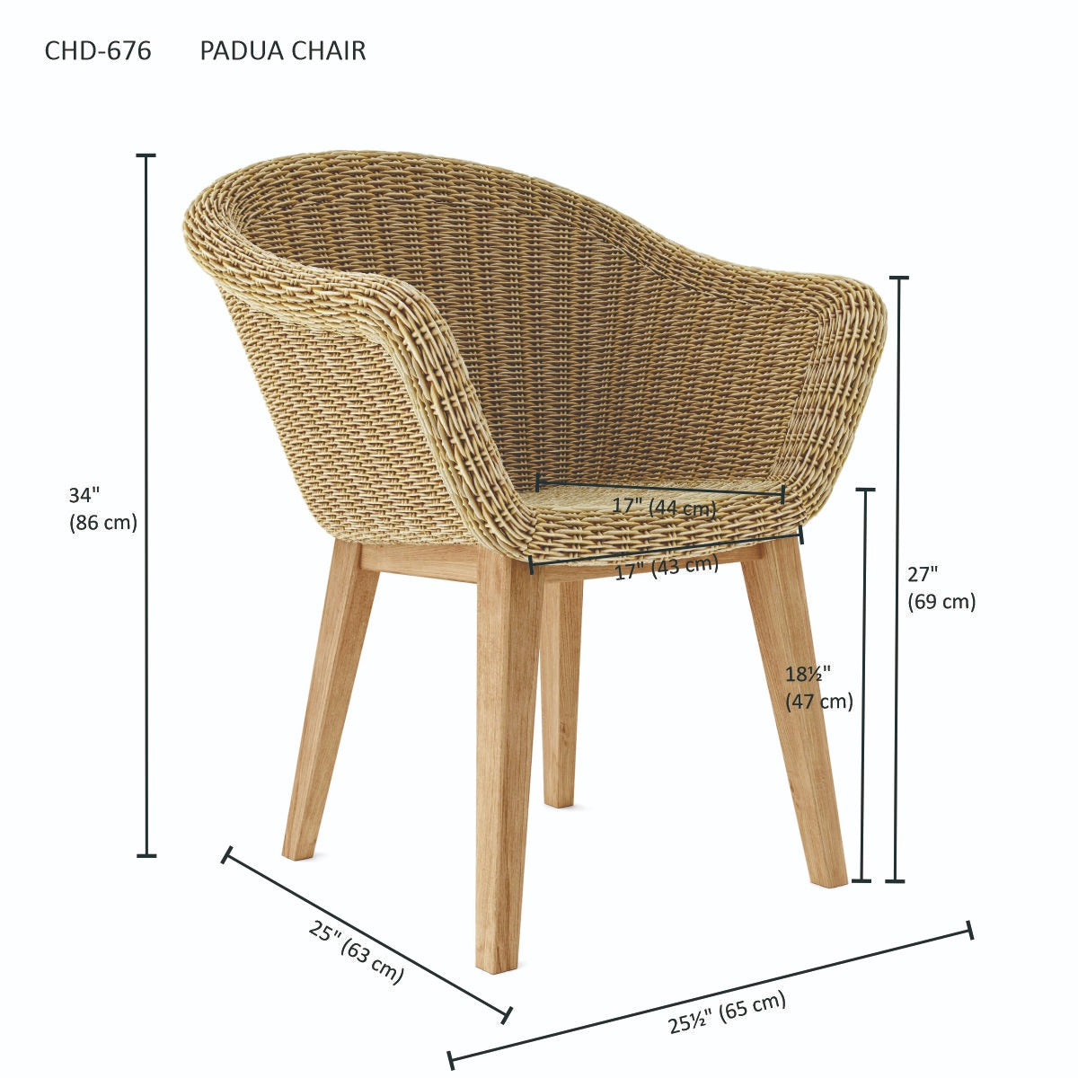 Anderson Teak Padua Dining Chair - angled view of woven wicker and teak dining chair