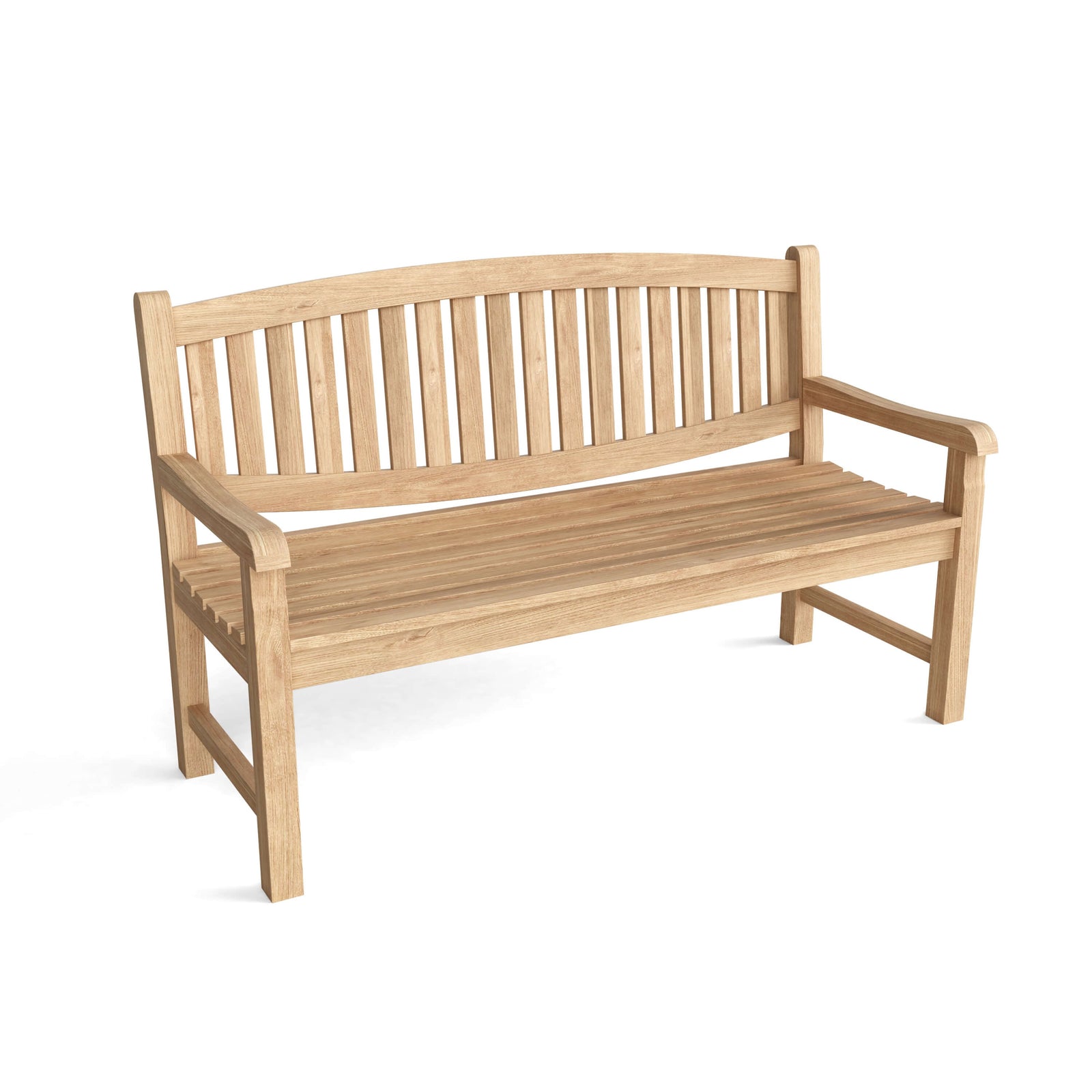 Wooden bench with slatted backrest on a white background