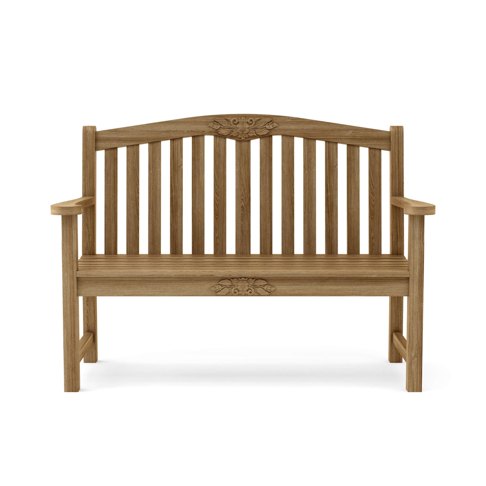 Wooden bench with decorative carvings on a white background