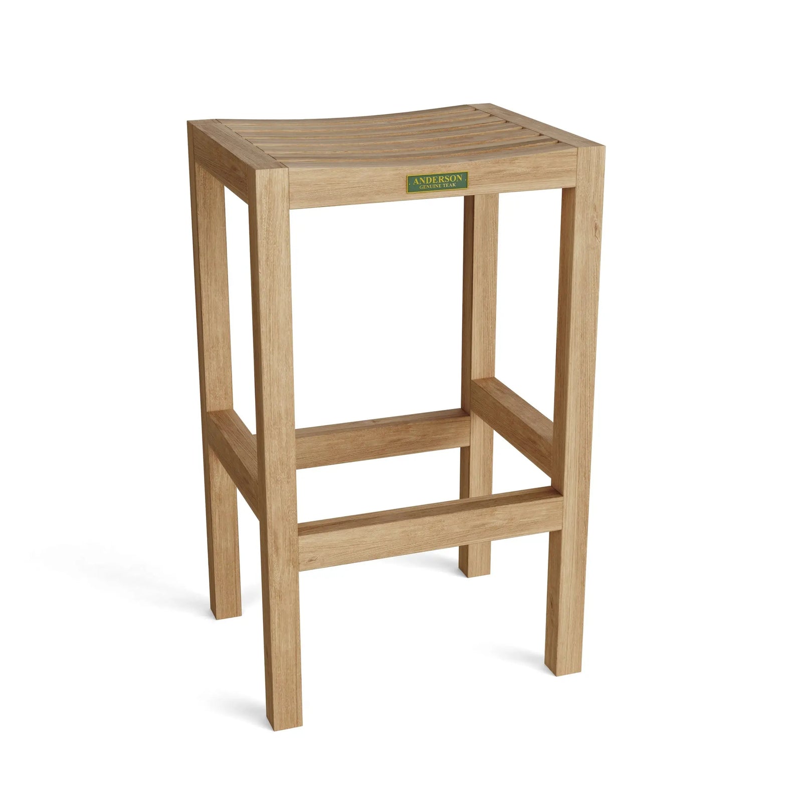 Wooden bar stool with a visible brand logo on a white background