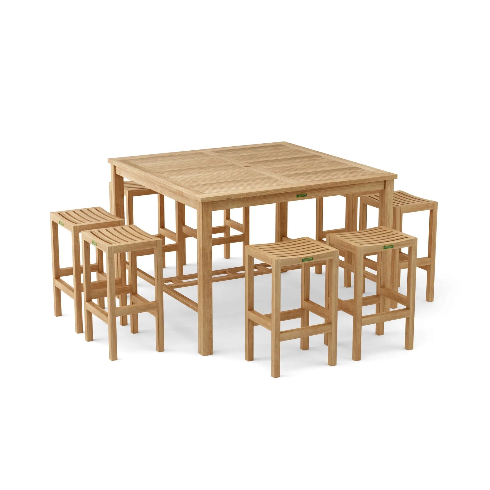 Wooden dining set with a square table and six stools on a white background