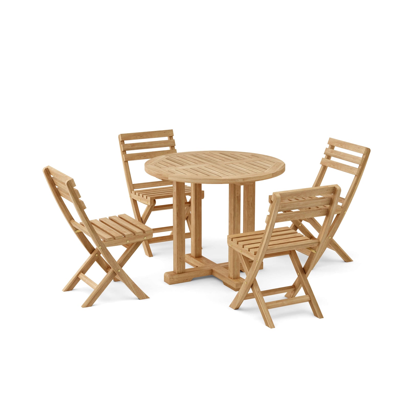 Wooden outdoor table and four chairs on a white background