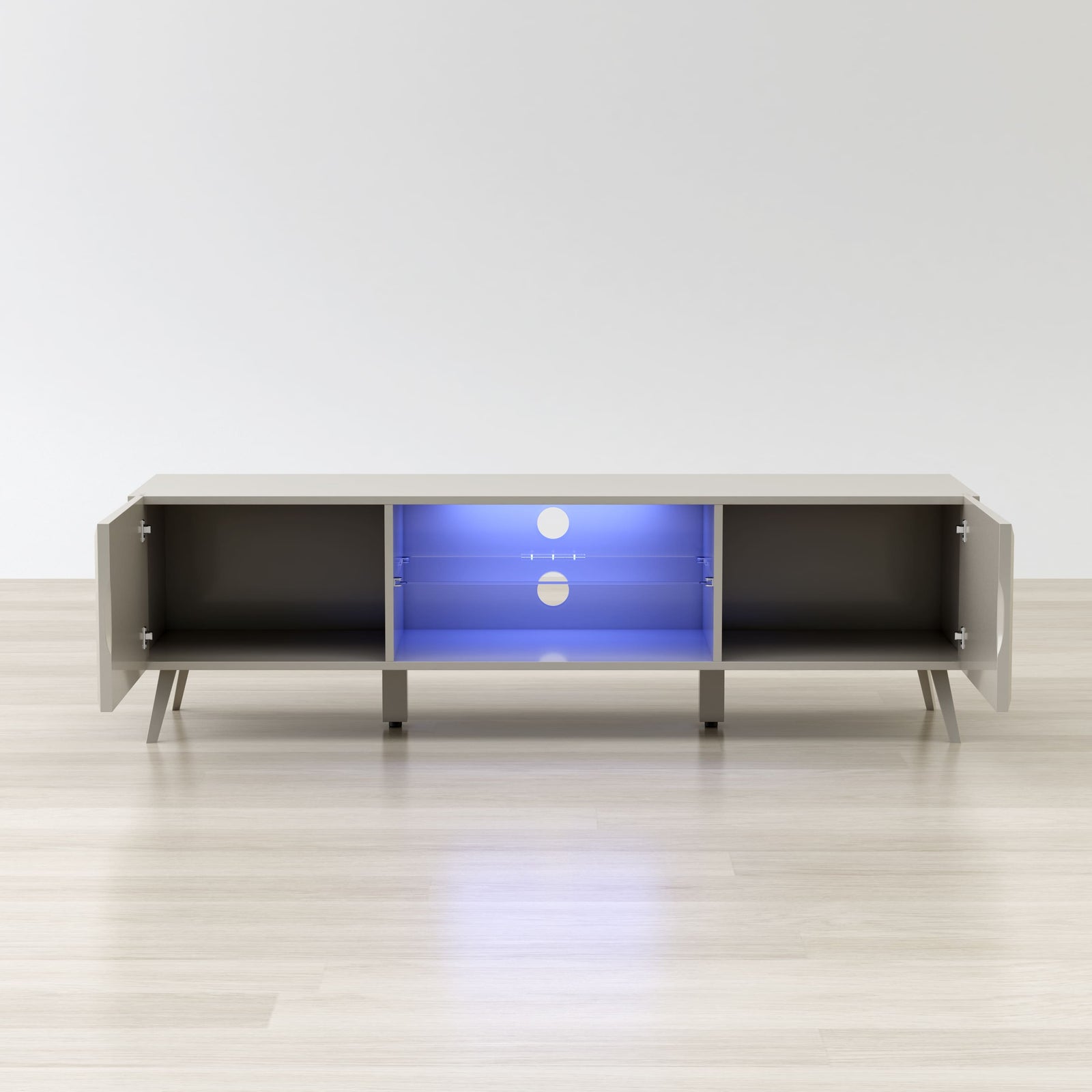 Modern entertainment console with glowing blue interior on a white background