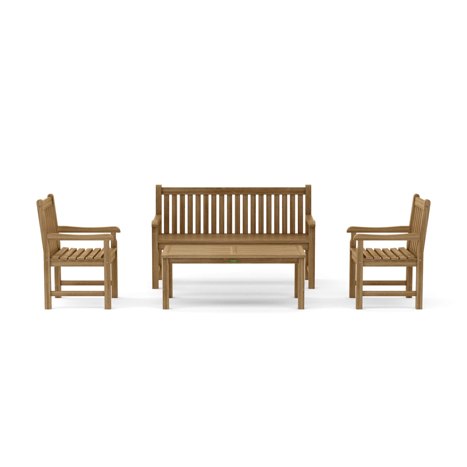 Wooden outdoor furniture set with two chairs and a bench on a white background