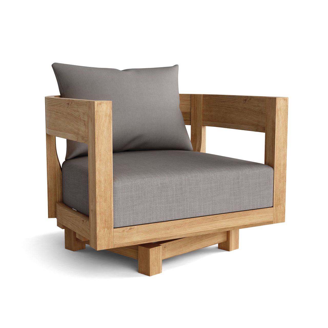 Wooden armchair with gray cushions on a white background