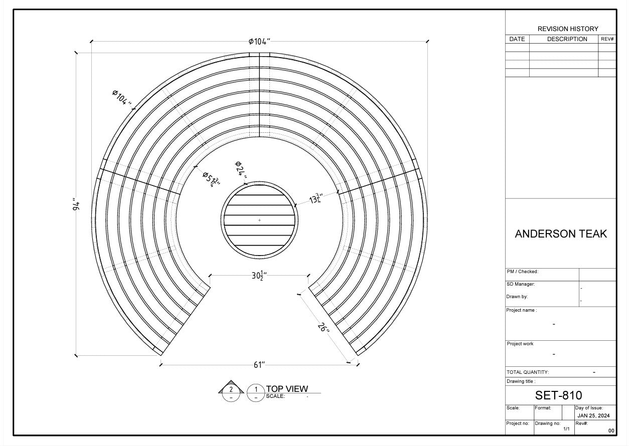 Technical drawing of a circular component with dimensions and specifications, branded 'Anderson Teak'.