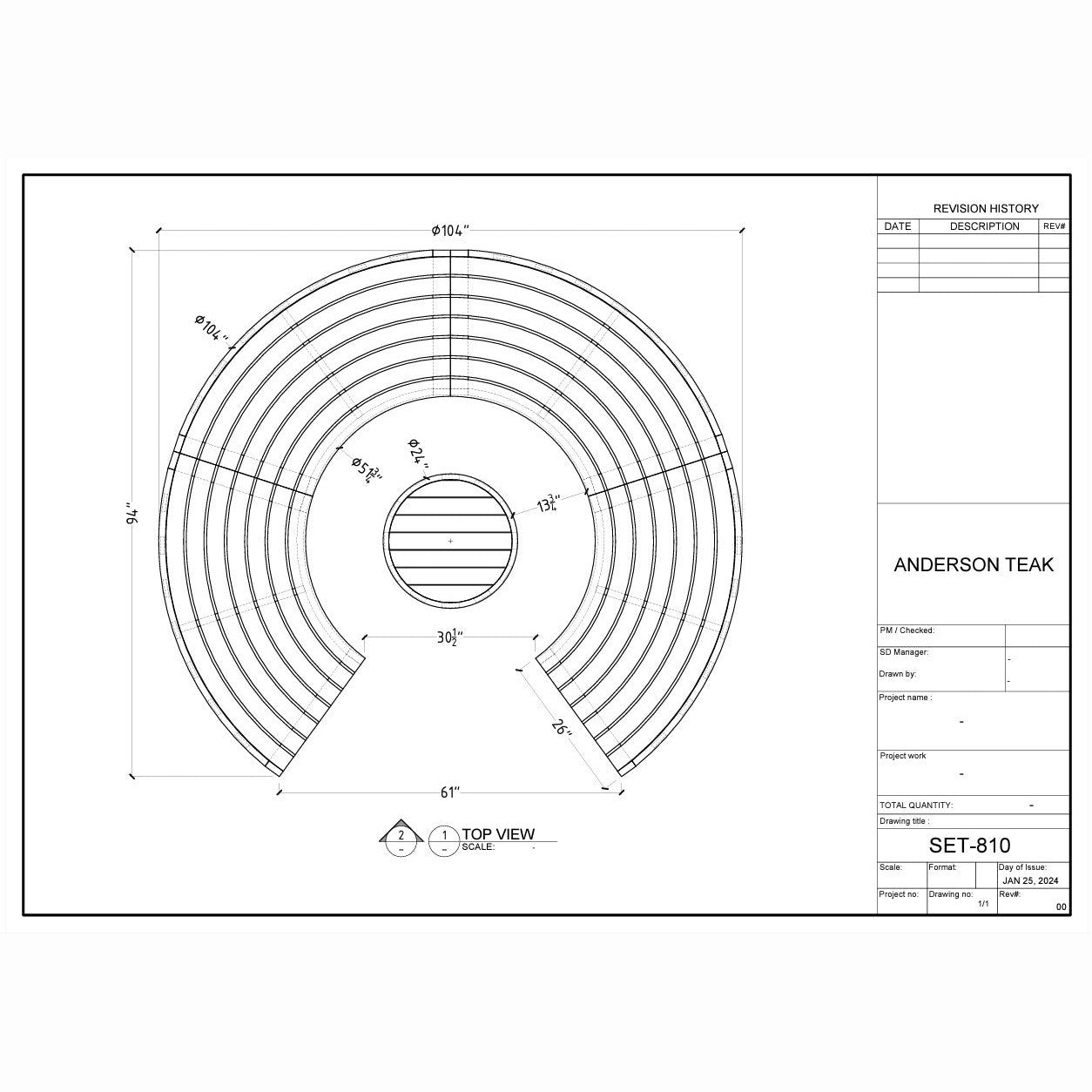 Technical drawing of a circular component with dimensions and specifications, branded 'Anderson Teak'.