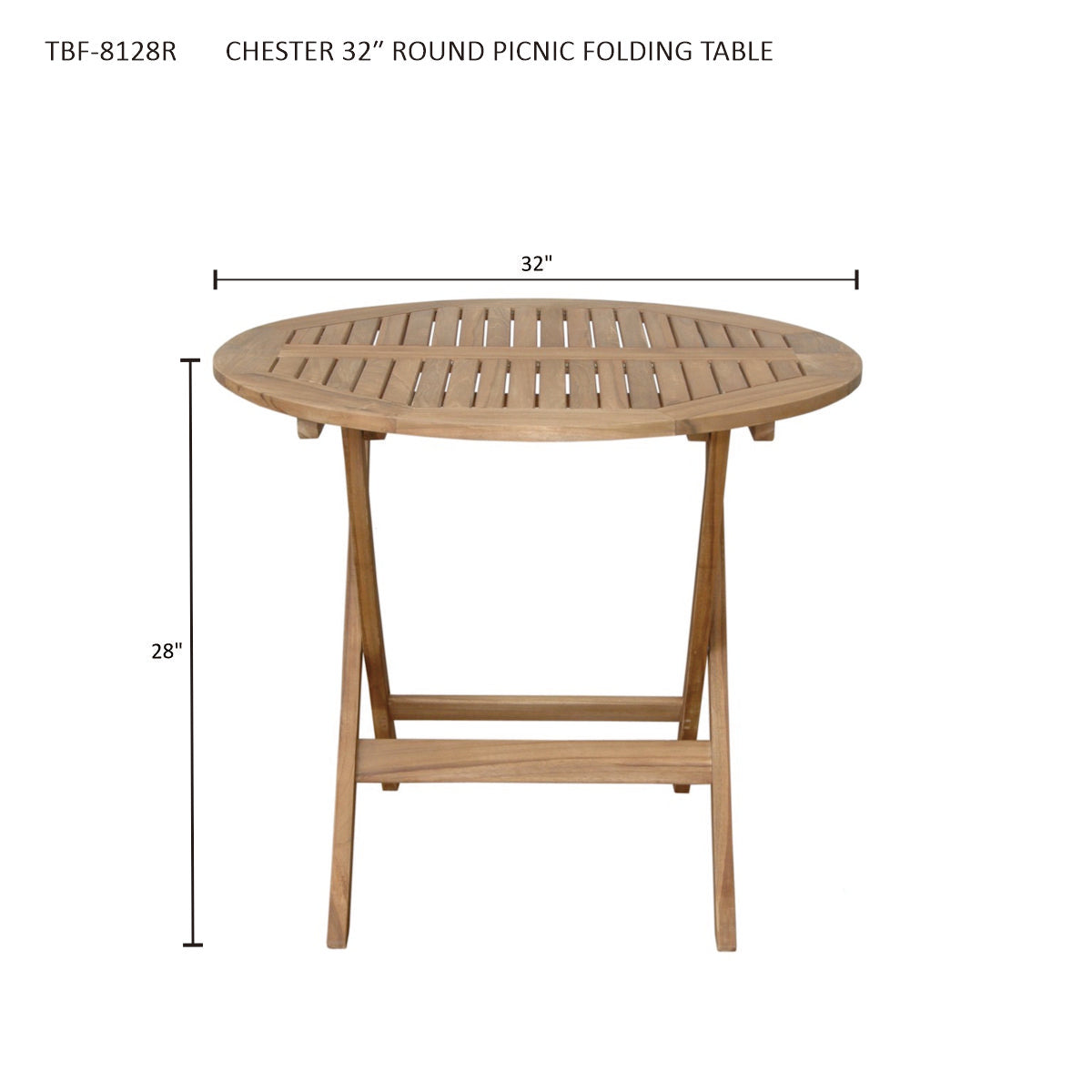 Round picnic folding table with dimensions on a white background